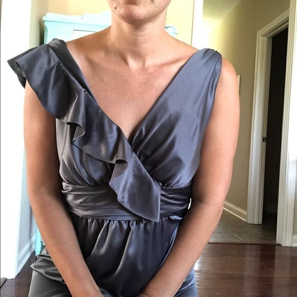Amsale Satin Gray Gunmetal Ruffle Bridesmaids Dress Size 12 Sleeveless Wedding - Picture 9 of 10